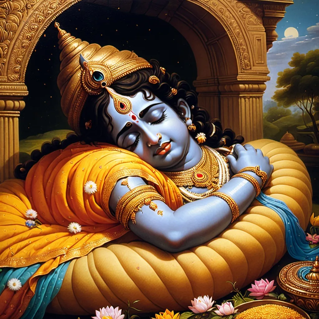 Prompt: Krishna sleeping on sheshnag