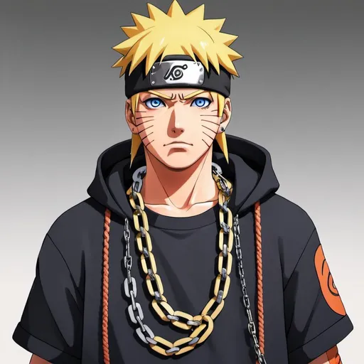 Prompt: Naruto as a rapper with chains on