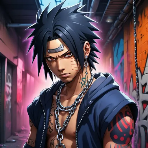 Prompt: Sasuke Uchiha as a rapper with chains, 4k, urban graffiti background, detailed facial tattoos, street art style, vibrant colors, cool lighting, dynamic pose, dramatic shadows, anime, hip-hop, graffiti, detailed facial features, high quality, vibrant, dynamic lighting
