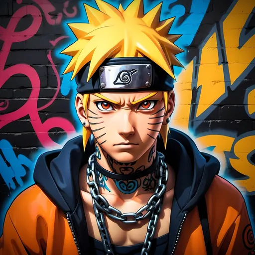Prompt: Naruto as a rapper with chains, 4k, urban graffiti background, detailed facial tattoos, street art style, vibrant colors, cool lighting, dynamic pose, dramatic shadows, anime, hip-hop, graffiti, detailed facial features, high quality, vibrant, dynamic lighting