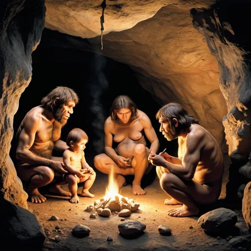 Prompt: Homo neanderthalensis in a cave with father, mother and three children trying to start a fire. Mother holding infant
