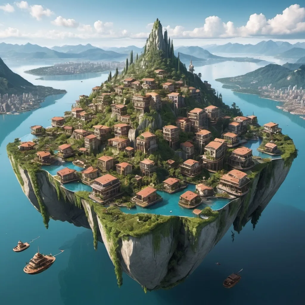 Prompt: Floating city with stunning views and sloped terrain.