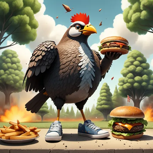 Prompt: Großer Vogel mit Schuhen an, im Hintergrund Bäume an denen Burger wachsen. Im Hintergrund eine Explosion.