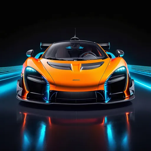 Prompt: front view of a mclaren Senna on a neon road and background is black