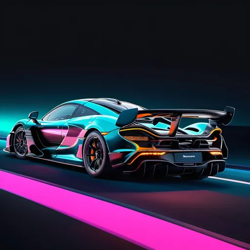 Prompt: mclaren Senna driving on a neon road black background