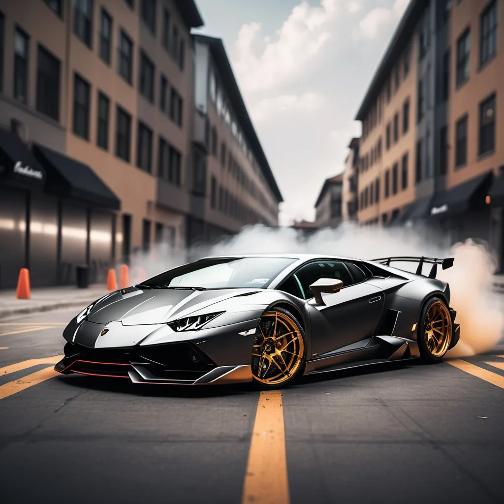 Prompt: Lamborghini drifting through a parking lot  city background