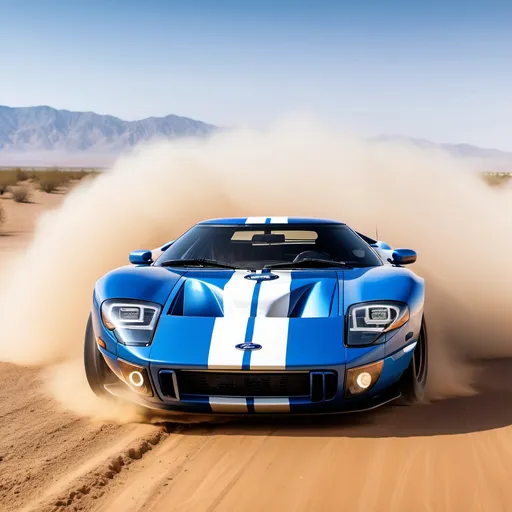 Prompt: blue and white ford GT drifting off-road and spraying dust every where and a desert background 