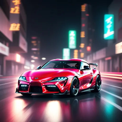 Prompt: toyota supra speeding down a neon road