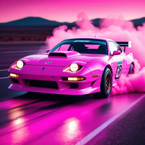 Prompt: fi race car on a neon road drifting and blowing pink dust everywhere