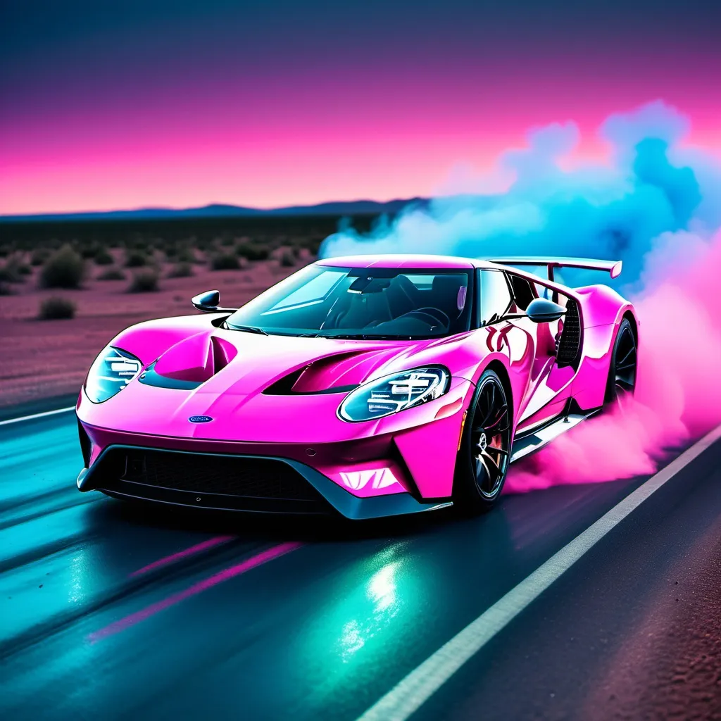 Prompt: blue ford gt  on a neon road drifting and blowing pink dust everywhere
