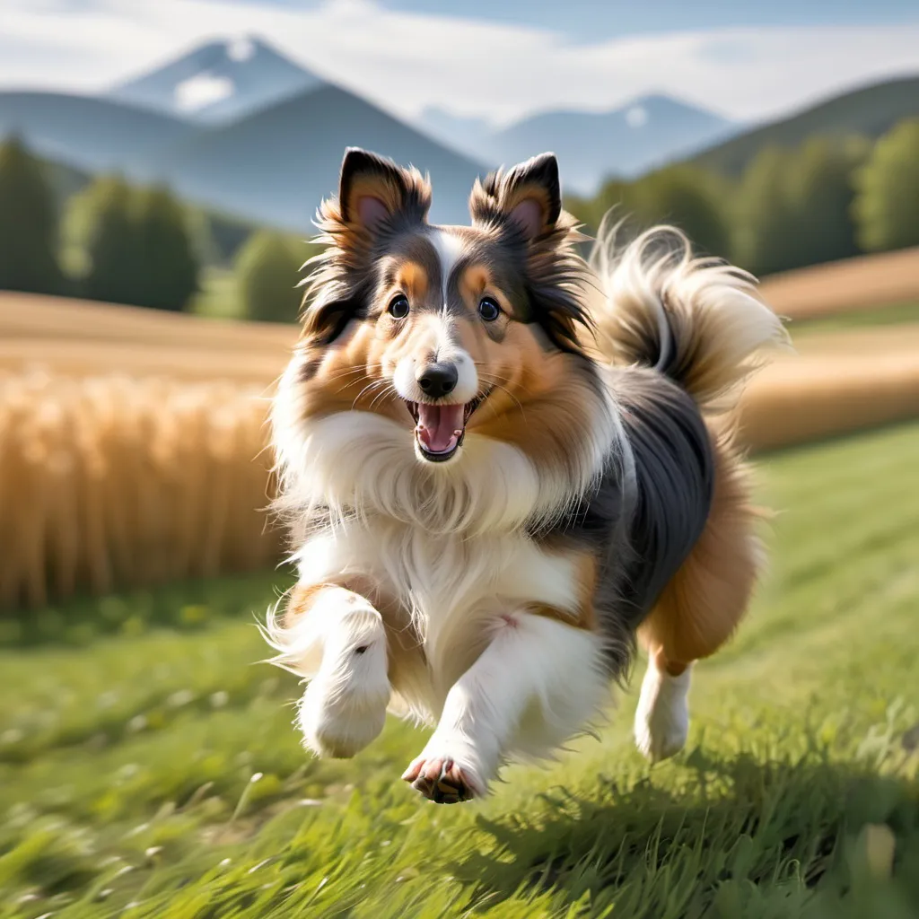 Prompt: sheltie running through fields with mountain background

