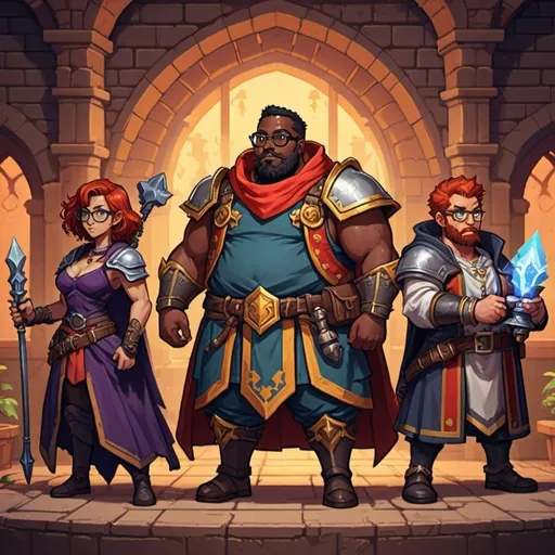 Prompt: 16-bit RPG character design, (5 distinct characters): (Paladin) with black skin, (Rogue) wearing glasses, brownish hair, (Sorcerer) with vibrant red hair, (small chubby Tank) sporting a beard and glasses, (Cleric) with Caucasian features, black hair, half beard, no mustache, (vibrant colors), (pixel art style), (dynamic poses), retro gaming atmosphere, (detailed backgrounds), nostalgic vibe.