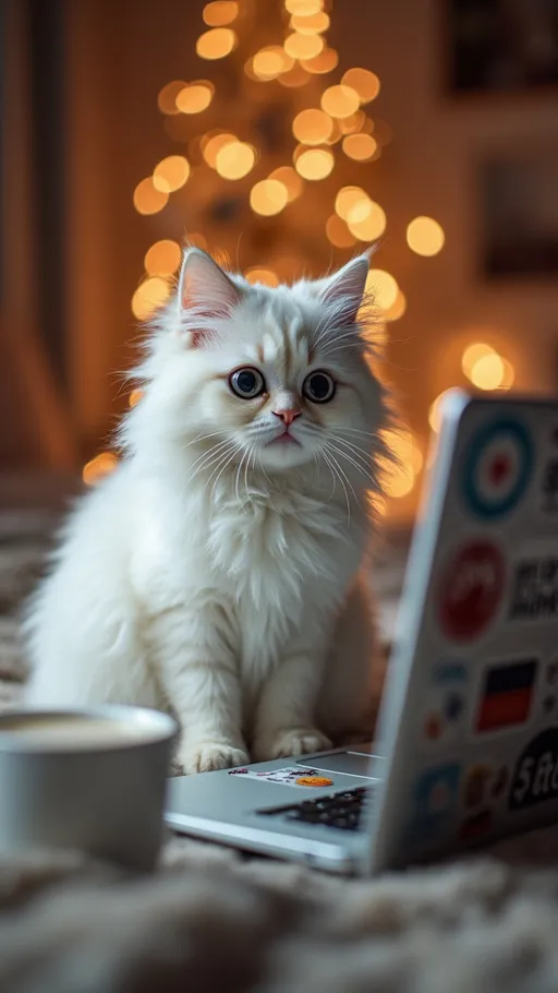 Prompt: A fluffy white cat sits elegantly in front of a laptop covered in stickers like “Meowflix & Chill.” She wears a tiny headset with fur-lined padding and gazes into the webcam with big round eyes. Beside her is a mug that. 
the background in the room is full of twinkling lights,taking a photo from behind at a distance of one meter
