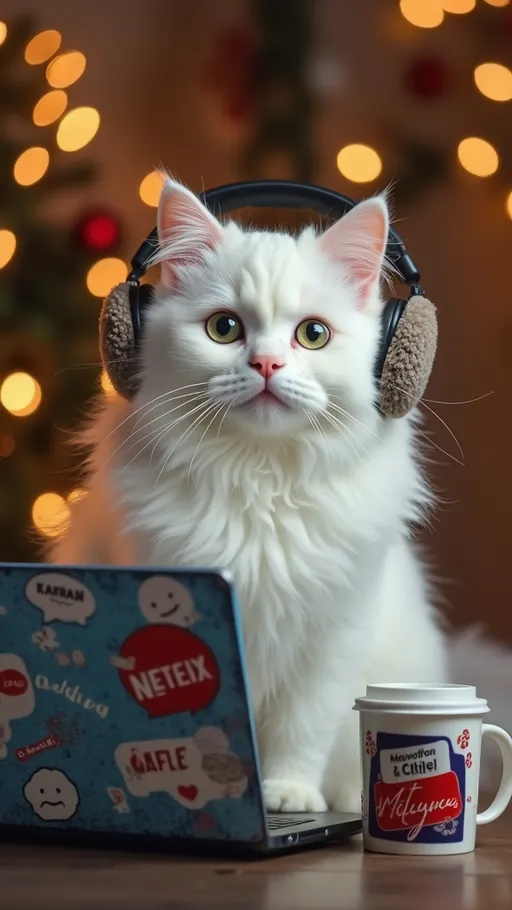 Prompt: A fluffy white cat sits elegantly in front of a laptop covered in stickers like “Meowflix & Chill.” She wears a tiny headset with fur-lined padding and gazes into the webcam with big round eyes. Beside her is a mug that. 
the background in the room is full of twinkling lights