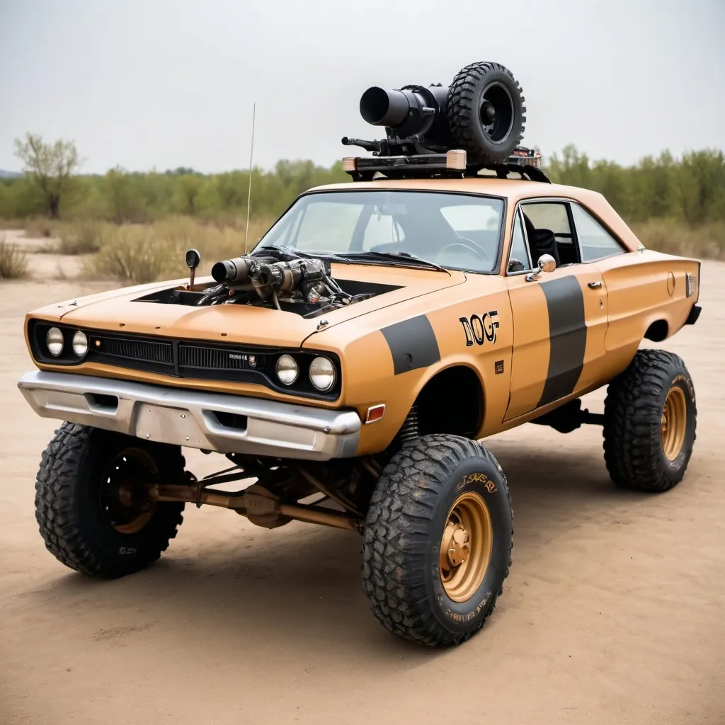 Prompt: A old dodge dart  customized as a off road war vehicule