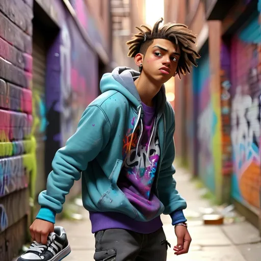 Prompt: (16 year old man  throwing up graffiti), vibrant colors, dynamic lighting, urban setting, gritty atmosphere, detailed graffiti, street art, spray paint cans, alleyway background, teenage expression of focus, worn-out clothes, high energy, well-worn sneakers, urban decay elements, realistic facial features and poses, showcasing movement, street culture details, 4K, ultra-detailed, HD quality, high contrast.