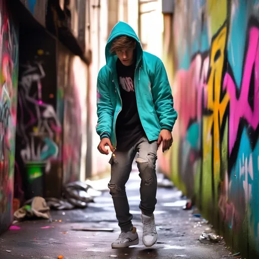 Prompt: (22 year old man  throwing up graffiti), vibrant colors, dynamic lighting, urban setting, gritty atmosphere, detailed graffiti, street art, spray paint cans, alleyway background, teenage expression of focus, worn-out clothes, high energy, well-worn sneakers, urban decay elements, realistic facial features and poses, showcasing movement, street culture details, 4K, ultra-detailed, HD quality, high contrast.