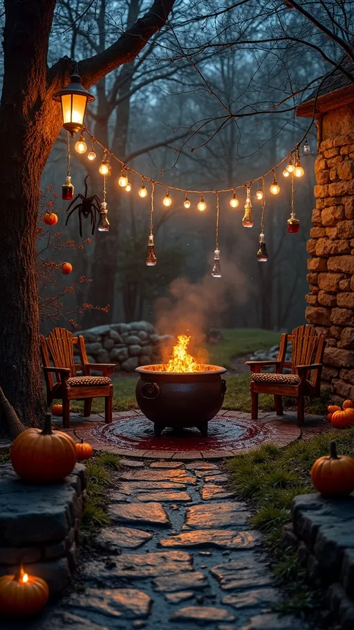 Prompt: Mysterious Stone patio under hanging lanterns at nighttime. Cauldron crackling over fire, circle of carved pumpkins, and brooms propped against the stone wall. Candles float in glass jars from tree branches. The fountain is dyed blood-red, and skeleton chairs surround a table set with potions. Spiderweb with a huge black spider. Camera moves slowly forward through the backyard space.
