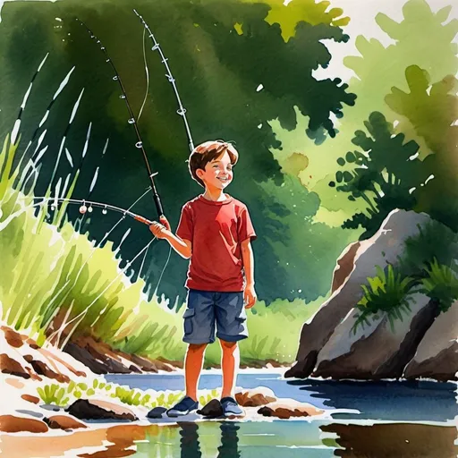 Prompt: Style: gouache watercolor
Subject: 9 year old boy, brown hair, smiling eyes, relaxed. red shirt
Position: Standing facing the water
Action: fishing 
Where: On the shoreline 
Mood: happy
