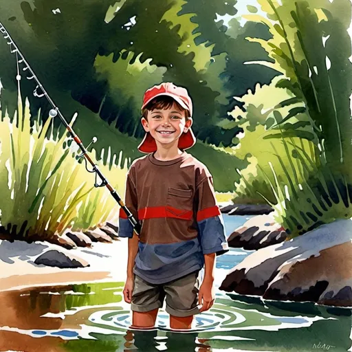 Prompt: Style: gouache watercolor
Subject: 9 year old boy, brown hair, smiling eyes, relaxed. red shirt
Position: Standing facing the water
Action: fishing 
Where: On the shoreline 
Mood: happy
