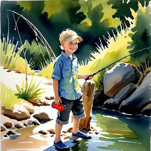 Prompt: Style: gouache watercolor
Subject: 9 year old blonde boy, smiling eyes, relaxed. Blue shirt
Position: Standing facing the water
Action: fishing 
Where: On the shoreline 
Mood: happy
