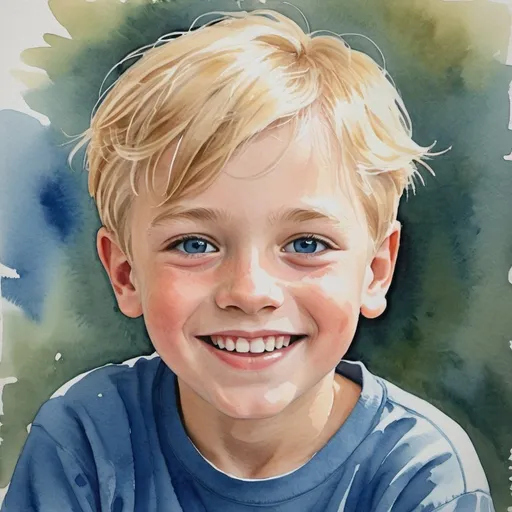 Prompt: young boy, happy, blonde hair, 9 years old, blue top, smiling eyes, relaxed. gouache watercolor
