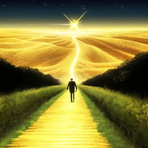 Prompt: un hombre caminando por un camino hecho de oro dirigiendo se a un diamante que hay al final del camino