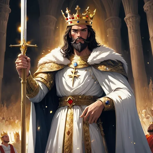 Prompt: un rey con una corona, liderando a su gente. El rey debe mostrarse como un líder respetado.
una espada sagrada en mano 
el rey debe estar más elevado que la multitud