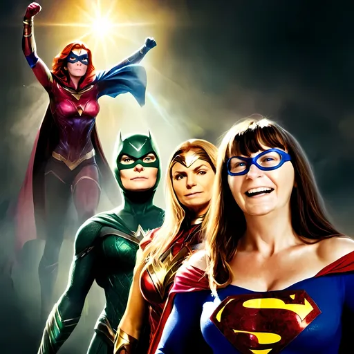 Prompt: Three powerful superheroines standing tall, mythical and majestic, digital painting, vibrant colors and intricate details, high quality, fantasy, dynamic poses, glowing magical aura, fierce and determined expressions, flowing capes, iconic superhero costumes, epic battle background, heroic stance, empowering energy, mystical and vibrant lighting