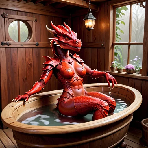 Prompt: Pretty Female red dragonborn in wooden bath with one leg in the air