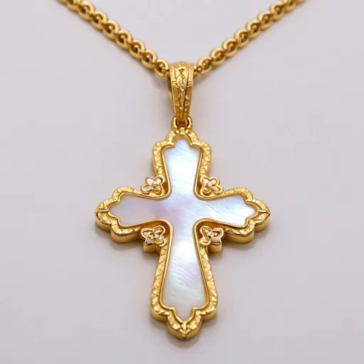 Prompt: Van Cleef Alhambra style jewelry cross pendant, gold and mother of pearl materials, intricate floral motif, high quality, detailed craftsmanship, luxury style, soft warm lighting, elegant, luxurious, intricate details, gold-tone, mother of pearl, floral motif, high quality, luxury, soft warm lighting, elegant design