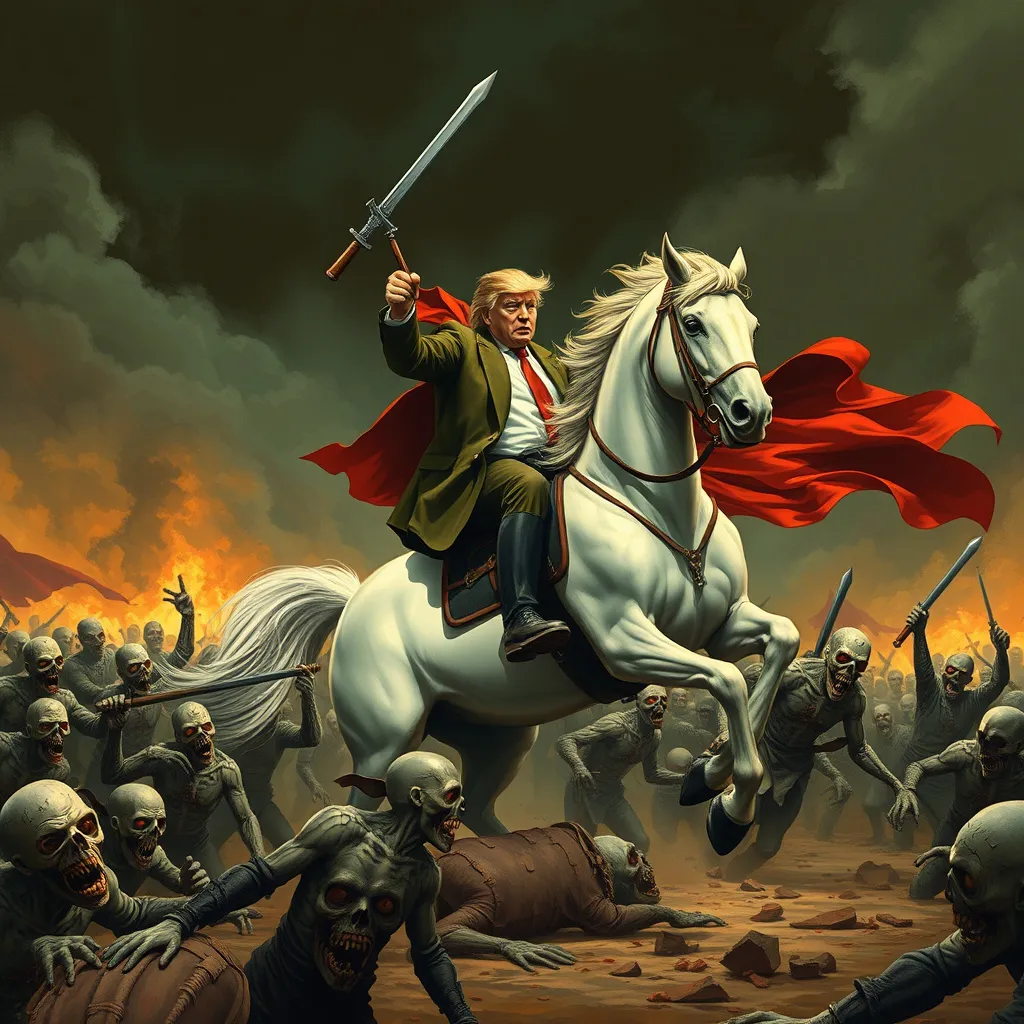 Prompt: donald trump slaying a horde of zombies while riding a big white horse