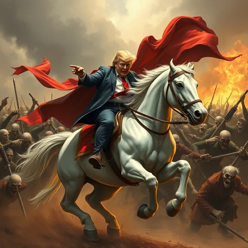 Prompt: donald trump slaying a horde of zombies while riding a big white horse