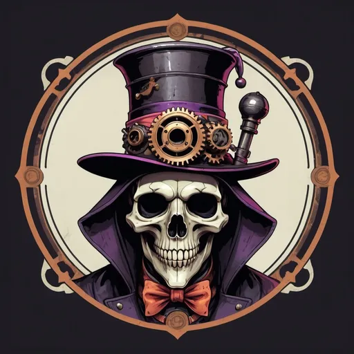 Prompt: (minimalist logo design, steampunk aesthetic) skull wearing a plague doctor mask, skull wearing a jester hat, Plague doctor wearing a circus jester hat, vibrant color scheme, pastel colors, retro aesthetic, underground, sewer, circus performance, Plague doctor at a circus, intricate mechanical gears, Victorian era influences, whimsical elements, highly detailed, evocative, playful atmosphere, surreal, 4K, ultra-detailed, atmospheric, dynamic lighting, high-quality rendering