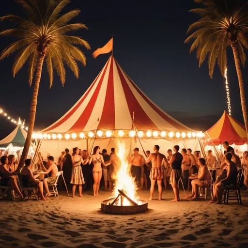 Prompt: beach bonfire, circus tent, vintage, hand dawn, fire performers, fire breathing, palm trees, fire dancers, 
