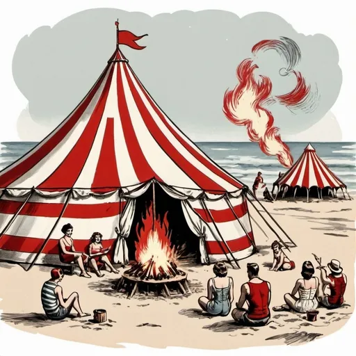 Prompt: vintage, hand drawn, beach bonfire, red and white circus tent, fire performers