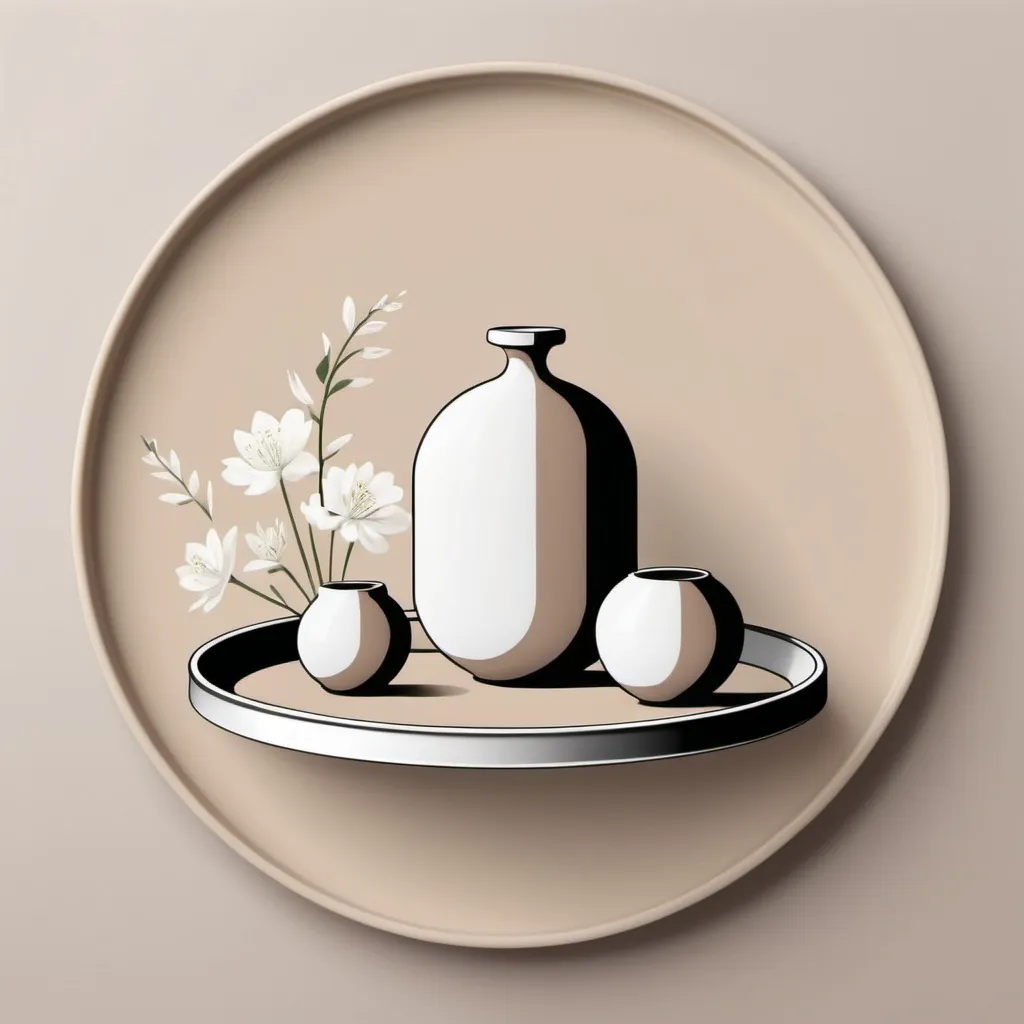 Prompt: Create a simple and elegant logo featuring a tray from the side of it as the central element. On the tray, include outline-style illustrations of the following items arranged neatly: A round decor piece like a ball.
A candle with a holder.
A small vase with a few flowers or greens in it. 
Ensure the design is minimalistic with clean lines and no shading. The overall composition should convey a sense of sophistication and balance, with all elements harmoniously placed on the tray. make it with the following colors. Soft Beige: #F5F5DC
Warm Taupe: #D2B48C
Creamy White: #FFFDD0
Muted Gray: #B0C4DE