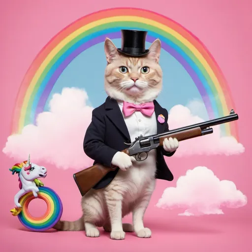 Prompt: A cat with a monocle and a shotgun riding a pink unicorn with a rainbow in the background 
