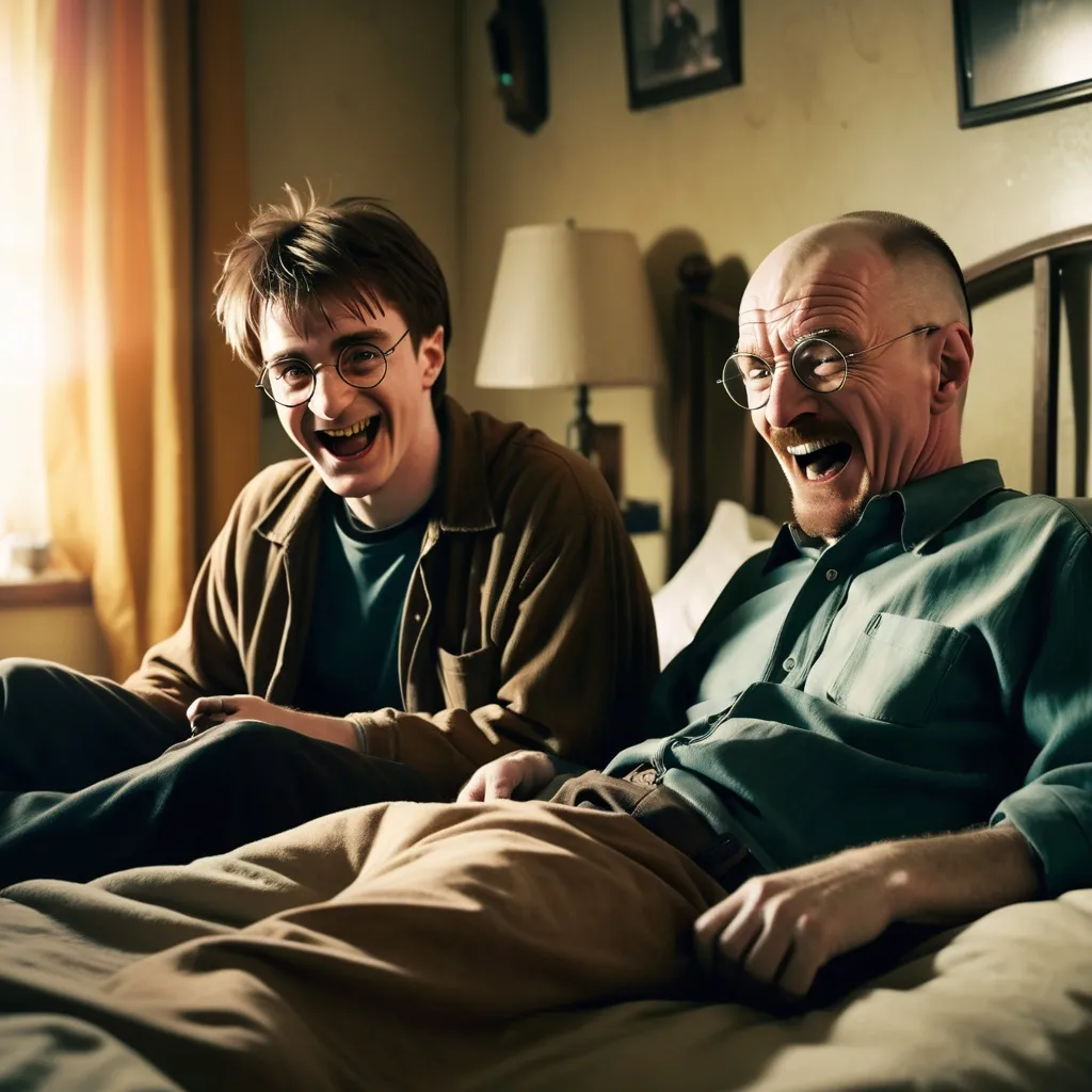 Prompt: create a n image of harry potter and walter white sitting on a bed laughing, hazy, cosmic, high-detail, mystery, sigma,captured with soft focus and muted colors typical of early film photography