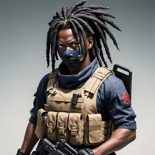 Prompt: african sasuke uchiha with dreadlocks dressed in a tactical ninja plate carrier with an mp5k SMG