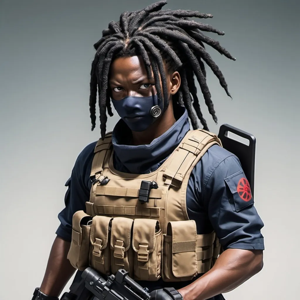 Prompt: african sasuke uchiha with dreadlocks dressed in a tactical ninja plate carrier with an mp5k SMG