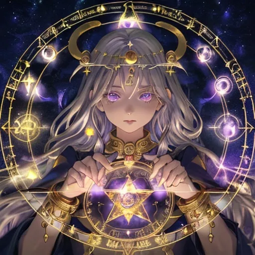 Prompt: girl, cute, witchy, astrology, aquarius, priestess, staff, magic circle in background, temple, night, nature, detailed, defined, silver hair, cristal-like lilac eyes, gold 

