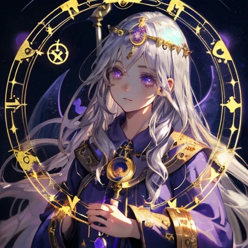 Prompt: girl, cute, witchy, astrology, aquarius, priestess, staff, magic circle in background, temple, night, nature, detailed, defined, silver hair, cristal-like lilac eyes, gold mask

