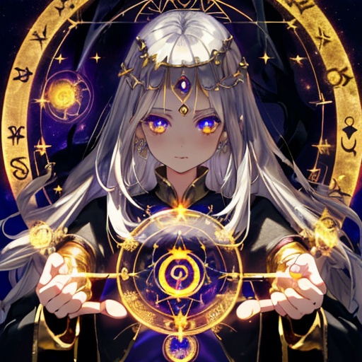 Prompt: girl, cute, witchy, astrology, priestess, staff, magic circle in background, temple, night, nature, detailed, defined, silver hair, cristal like eyes, gold half mask on right facehalf

