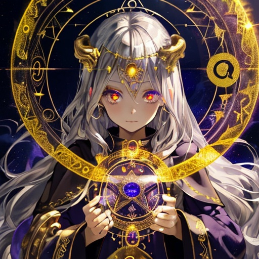 Prompt: girl, cute, witchy, astrology, priestess, staff, magic circle in background, temple, night, nature, detailed, defined, silver hair, cristal like eyes, gold half mask on right facehalf

