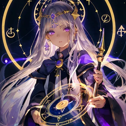 Prompt: girl, cute, witchy, astrology, aquarius, priestess, staff, magic circle in background, temple, night, nature, detailed, defined, silver hair, cristal-like lilac eyes, gold mask, wassermann, Aquarius,

