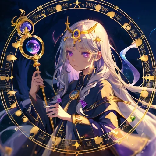 Prompt: girl, cute, witchy, astrology, aquarius, priestess, staff, magic circle in background, temple, night, nature, detailed, defined, silver hair, cristal-like lilac eyes, gold mask, wassermann, Aquarius,

