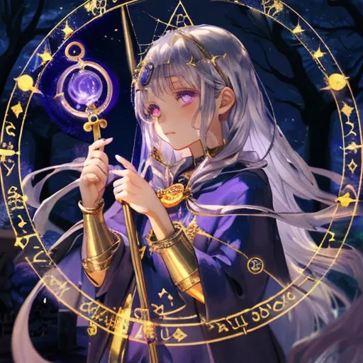 Prompt: girl, cute, witchy, astrology, aquarius, priestess, staff, magic circle in background, temple, night, nature, detailed, defined, silver hair, cristal-like lilac eyes, gold mask, Wassermann, Aquarius, zodiac

