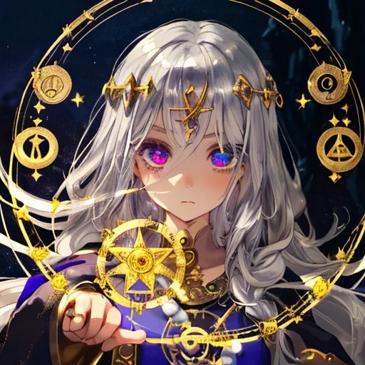 Prompt: girl, cute, witchy, astrology, priestess, staff, magic circle in background, temple, night, nature, detailed, defined, silver hair, cristal like eyes, gold half mask on right facehalf

