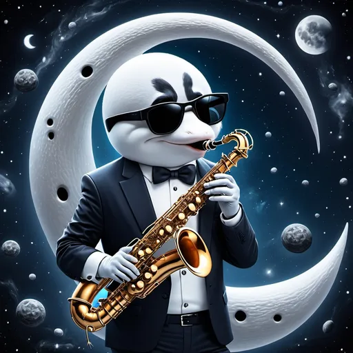 Prompt: moon-man in sunglasses playing saxophone with shrimp in outer space orca